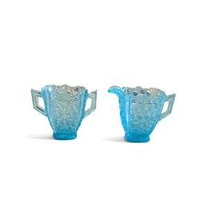 Adams & Co Daisy and Button Blue Aqua Glass Creamer and Sugar Bowl Set OMN